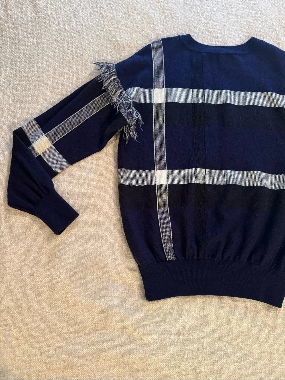 Tory Burch Gwen Wool Navy Plaid Fringe Sweater Medium